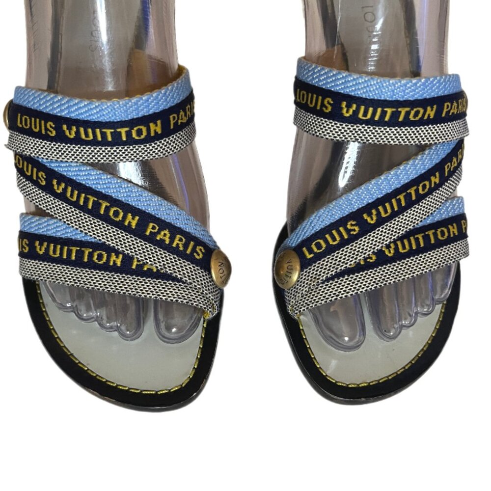 Louis Vuitton Paris Blue Canvas 3.5" Heeled Sandals Metal Logo Size 35/US size 5 - Picture 11 of 13